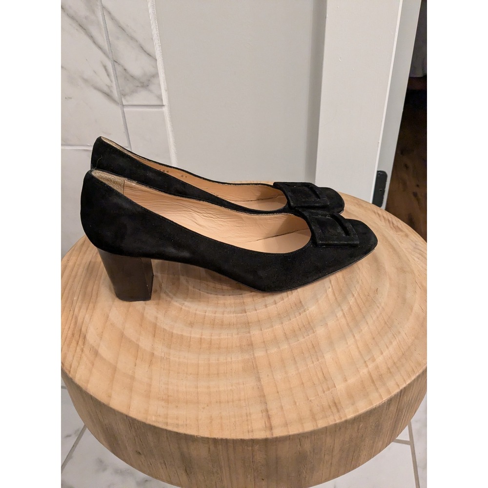 Ann‎ Mashburn Black Suede Block Heel Square Toe Buckle Shoes Italy 41/10-10.5